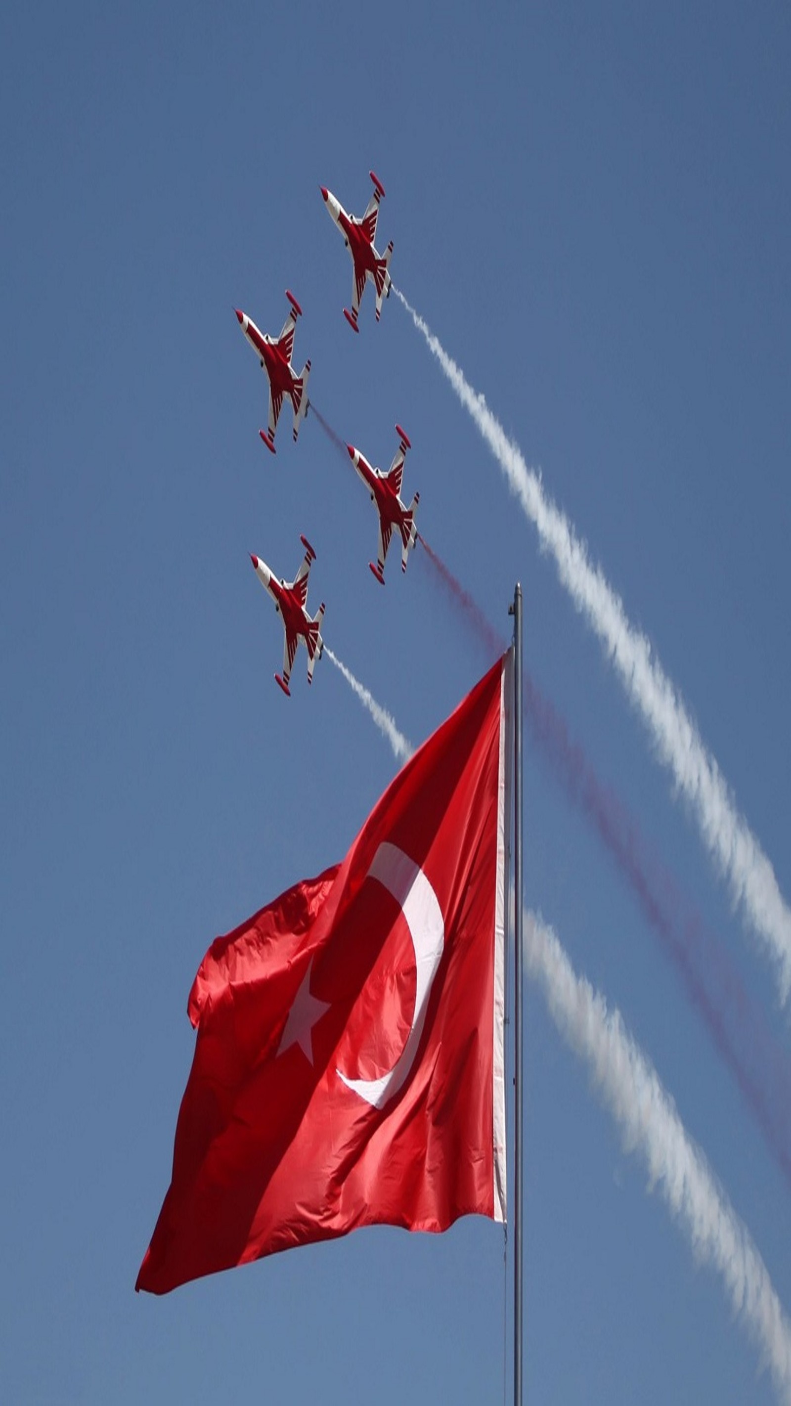 Arafed red and white flag flying in the sky with jets flying in the sky (bayrak, turk, ucak)