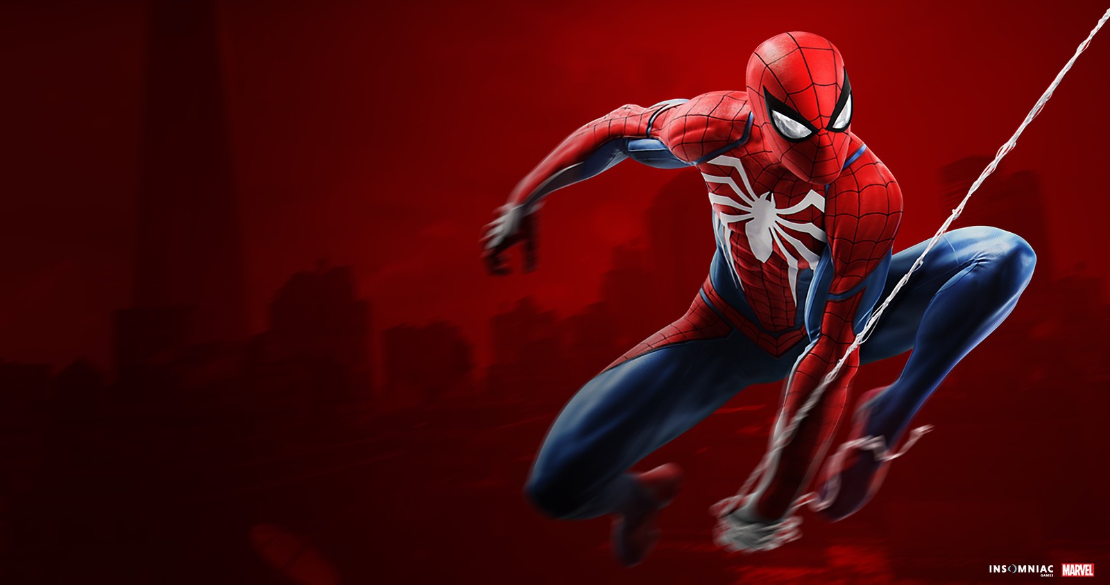 Spider-man im spinnenanzug fliegt durch die luft (spiderman, marvel, ps4, sony, playstation)