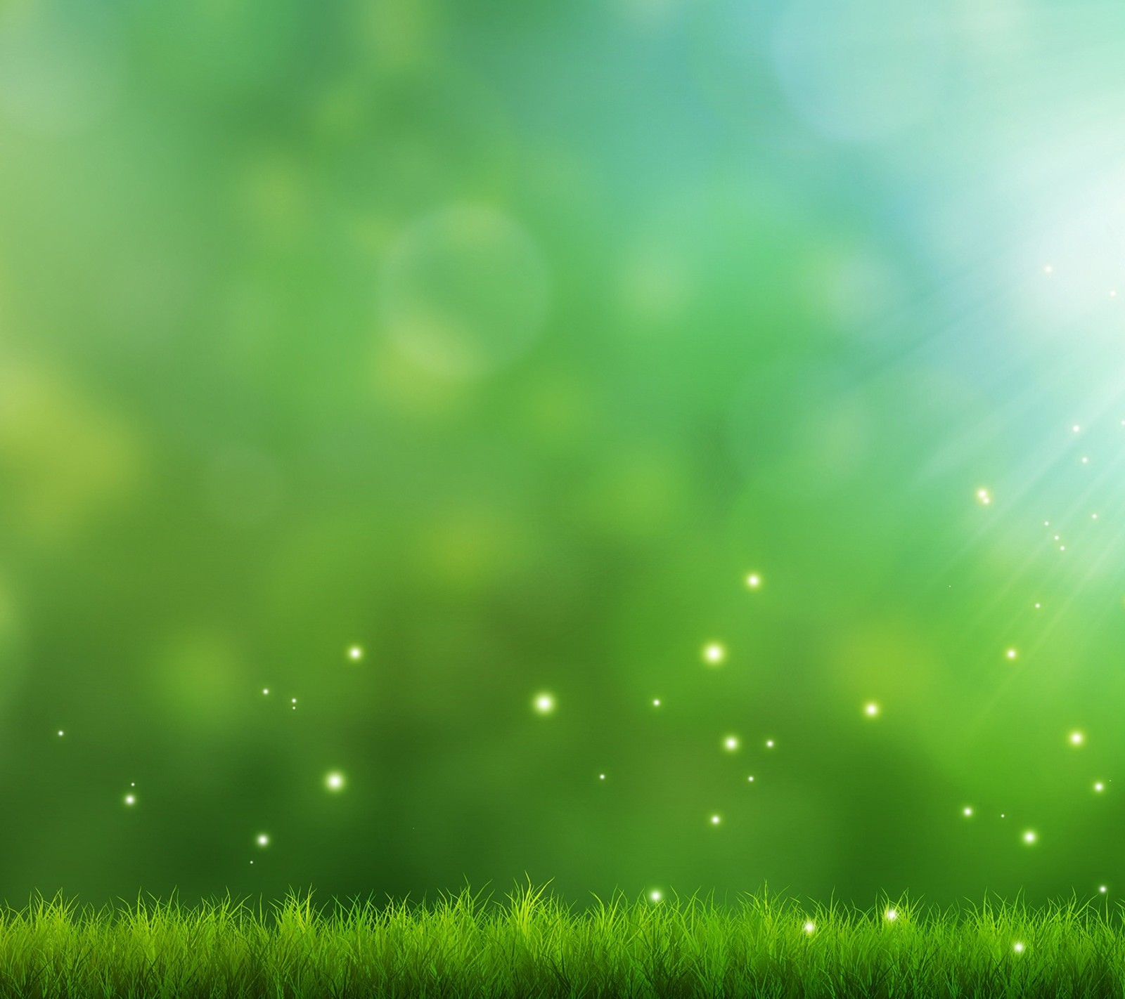 A green grass field with sun shining through the sky (grass, green)