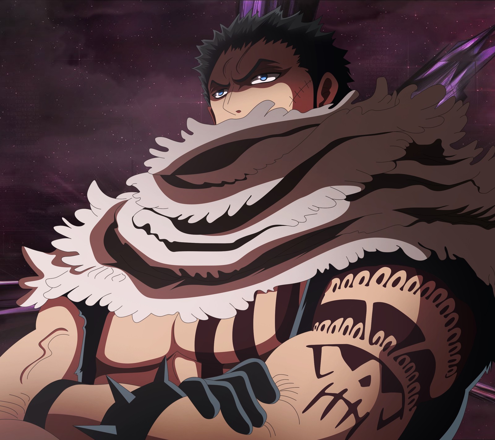 Personaje de anime con una cabeza grande y una cola grande (katakuri, one piece)