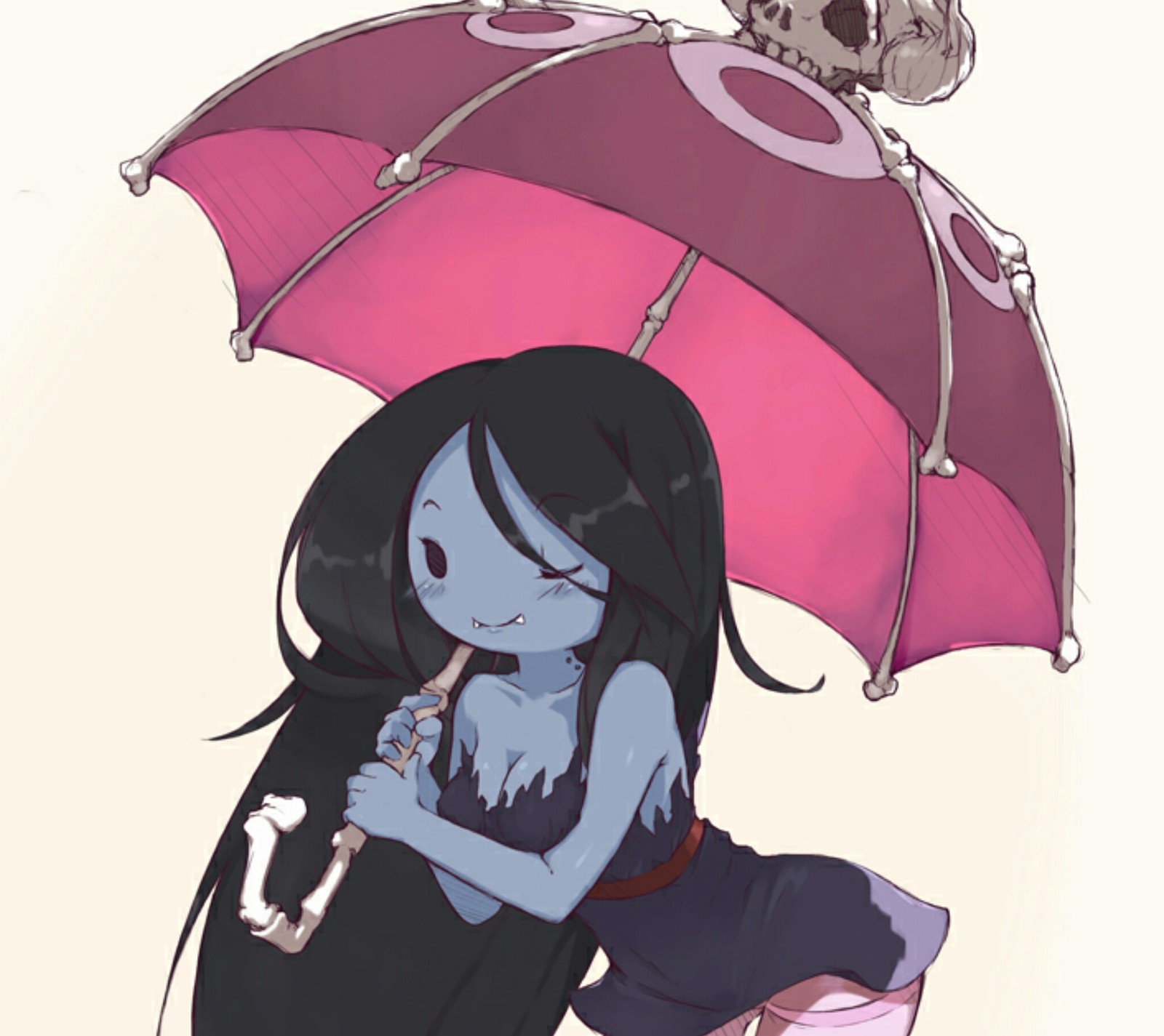 Uma garota de desenho animado com um guarda-chuva rosa e uma caveira em cima (hora de aventura, adventure time, marceline)