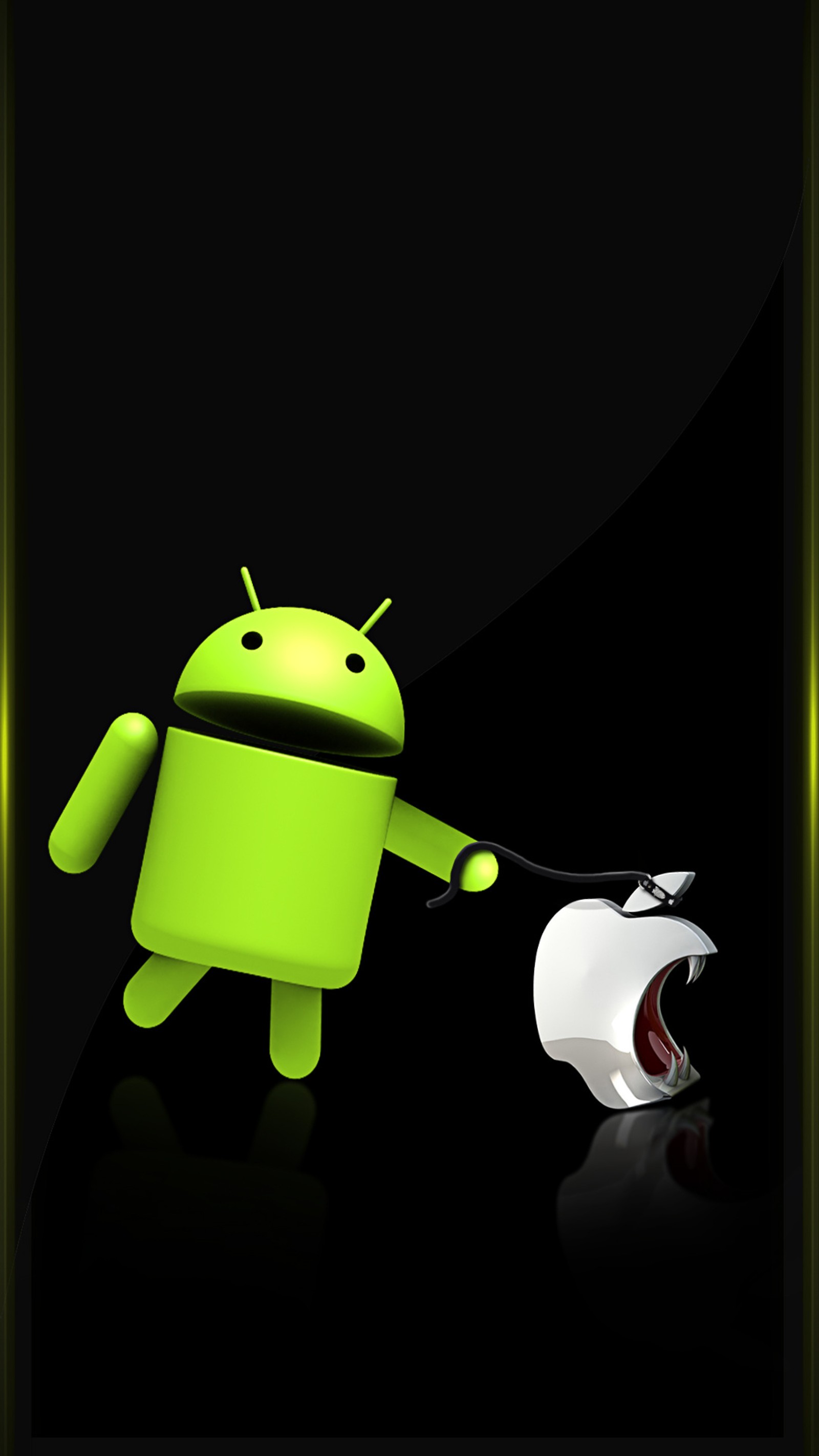 Android robot pulling apple mouse on black background with yellow border (android, apple, s7, s7 edge, s8)