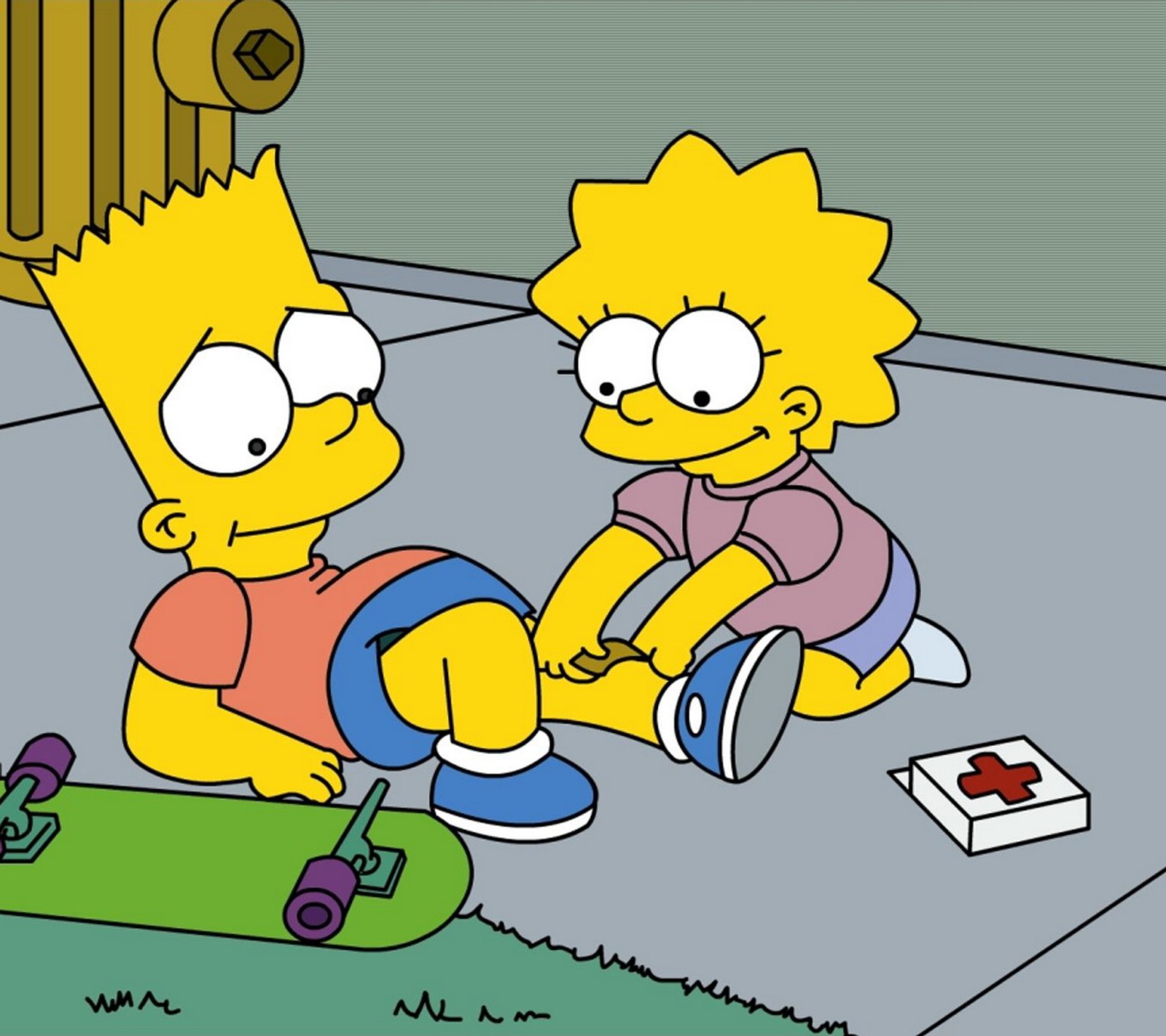 Les simpsons et leur ami jouent avec un skateboard dans l'allée (lisa, les simpsons)