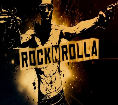 Dynamische Illustration eines muskulösen Charakters mit Waffen, mit einem auffälligen "ROCK'N'ROLLA"-Logo, das vor einem auffälligen goldenen Hintergrund platziert ist.