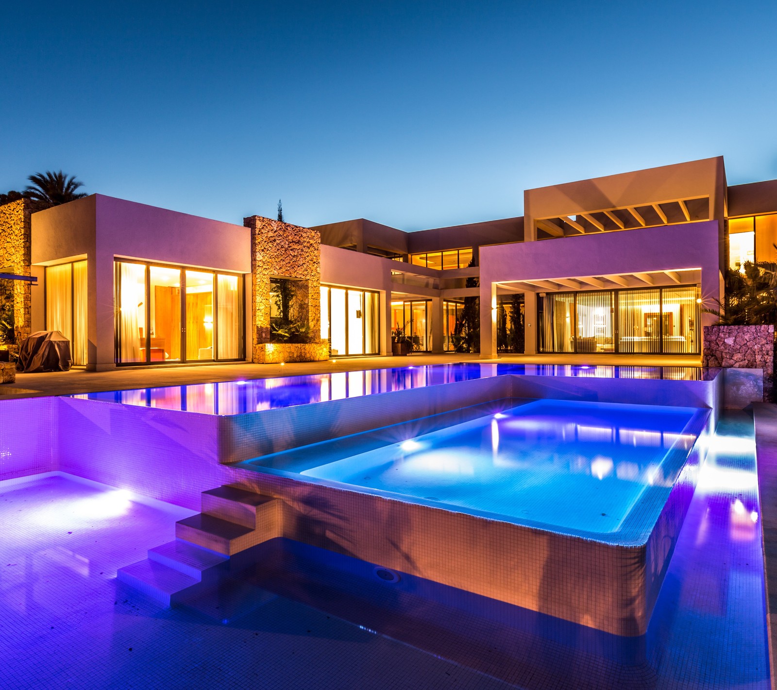 blue, mansion, purple, swimming pool Download Wallpaper