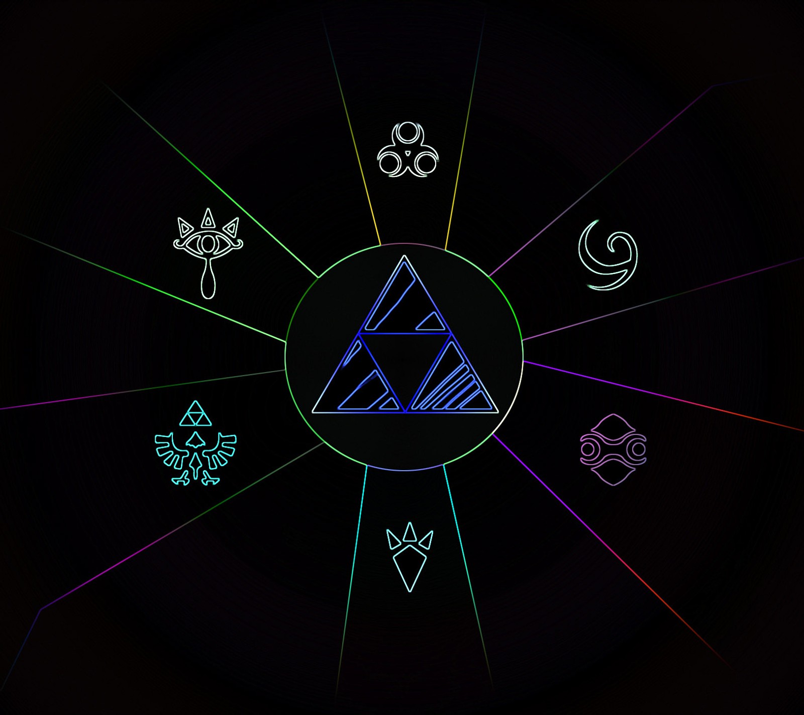 A close up of a black background with a circle of different symbols (juego, tri fuerza, zelda)