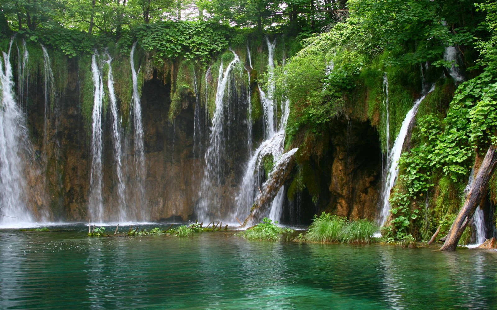 Uma vista de uma cachoeira com algumas árvores em primeiro plano (parque nacional dos lagos de plitvice, plitvice lakes national park, cachoeira, parque nacional, parque)