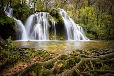 Cascada encantadora en medio de vegetación exuberante y un paisaje acuático sereno