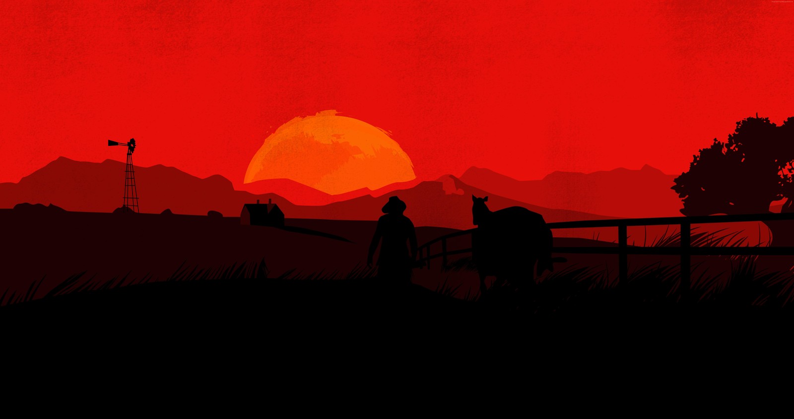 Красный закат с двумя людьми, идущими вдали (red dead redemption 2, red dead redemption, красный, послесвечение, закат)