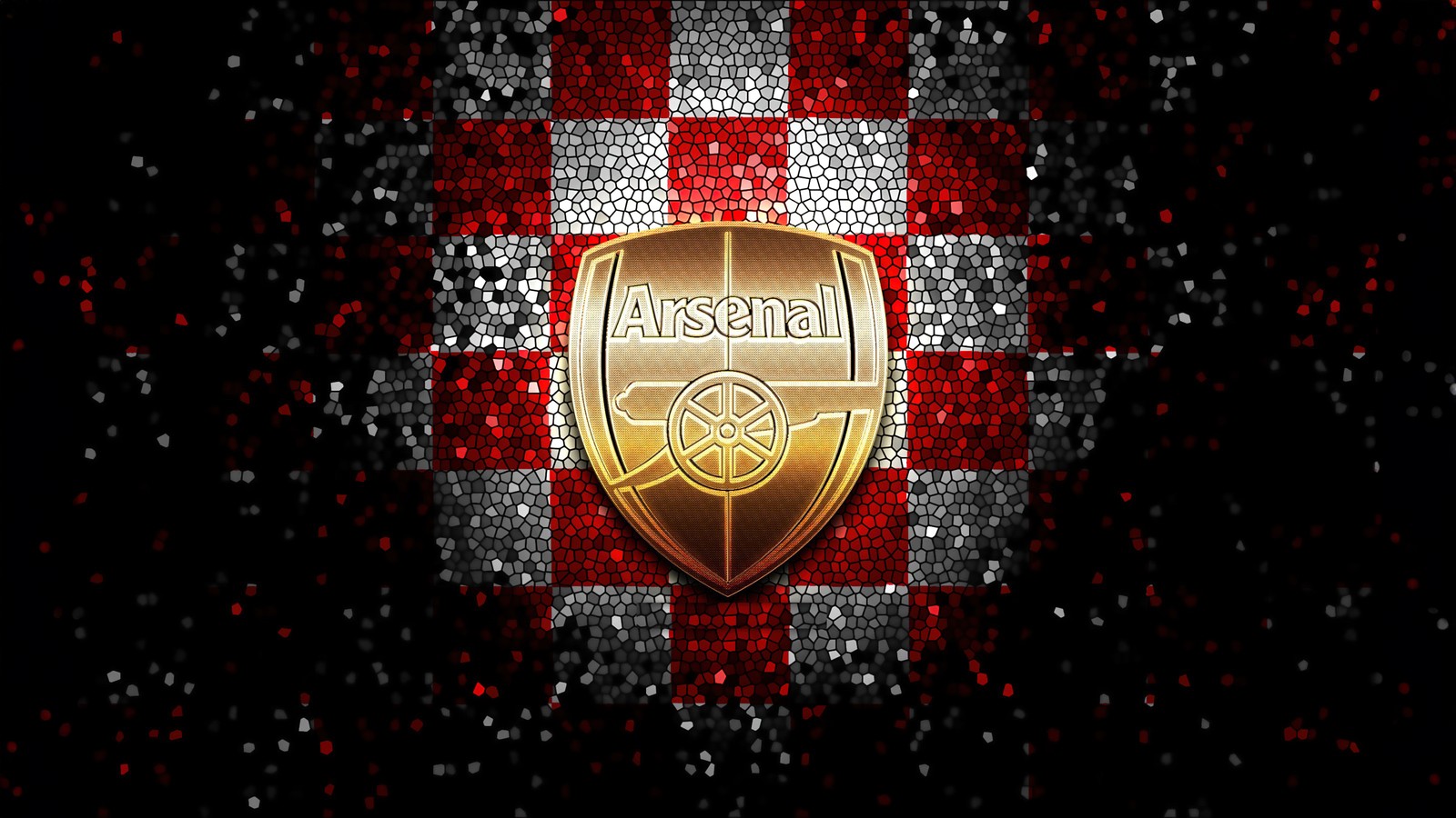 Um close de um crachá dourado em um fundo vermelho e branco (arsenal fc, mosaico, 5k, clube de futebol, esportes)