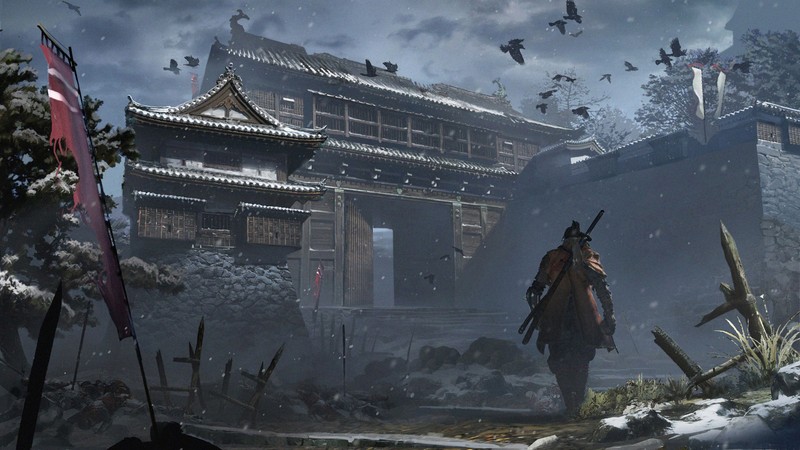 Мужчина в длинном пальто идет по снежной местности (sekiro shadows die twice, видеоигра)