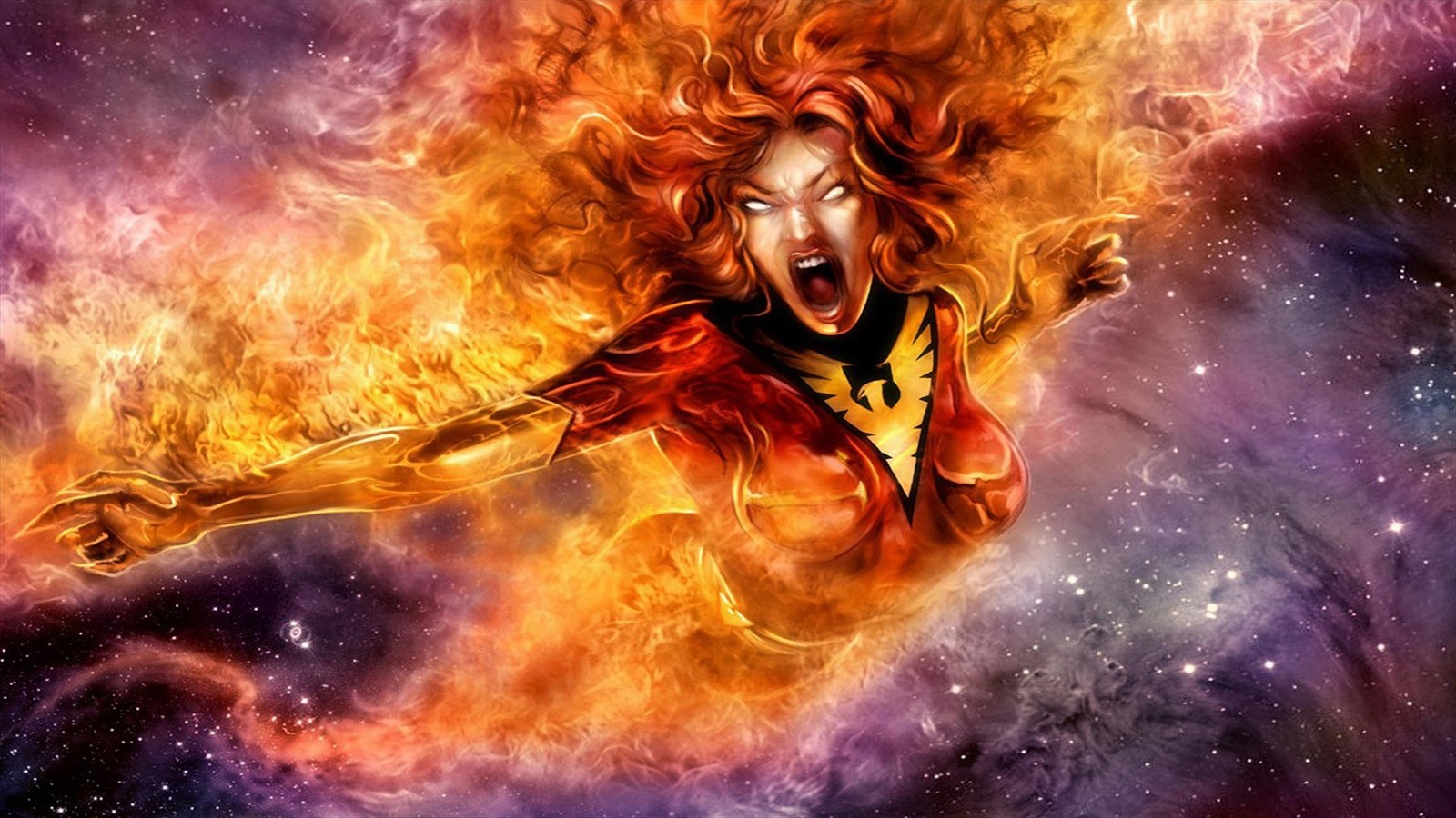 Une peinture d'une femme volant dans les airs avec du feu dans la main (jean grey, phénix, bandes dessinées, marvel comics)