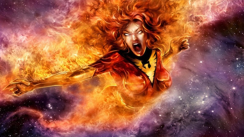 Картина женщины, летящей в воздухе с огнем в руке (жан грей, jean grey, феникс, комиксы, marvel comics)