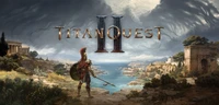 Paisagem épica de Titan Quest II com um guerreiro em armadura antiga, posicionado com uma lança, contemplando uma vista costeira dramática.