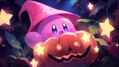 Kirby Celebrating Halloween with a Joyful Pumpkin