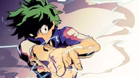 Izuku Midoriya libérant son pouvoir dans une pose dynamique de Mon héros académie.