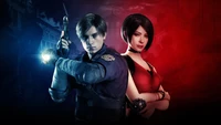 Leon S. Kennedy and Ada Wong in a tense standoff, set against a dramatic red and blue backdrop from Resident Evil 2.