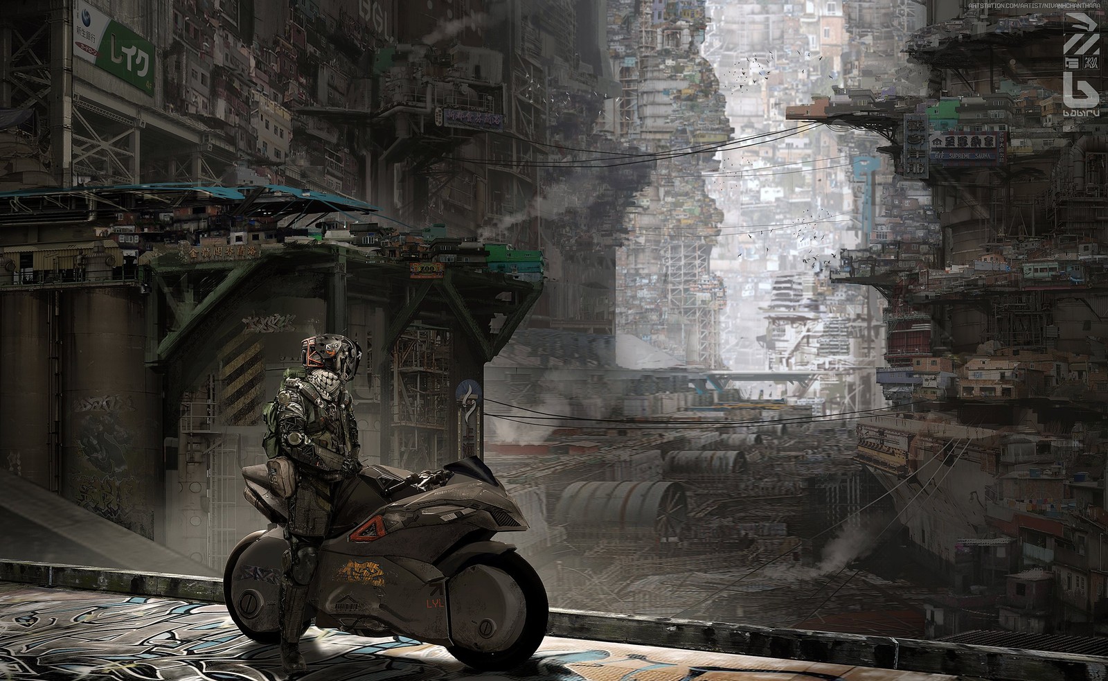 Futuristic city with a man on a motorcycle in the middle of the street (cyberpunk, dystopia, art, work of art, science fiction)