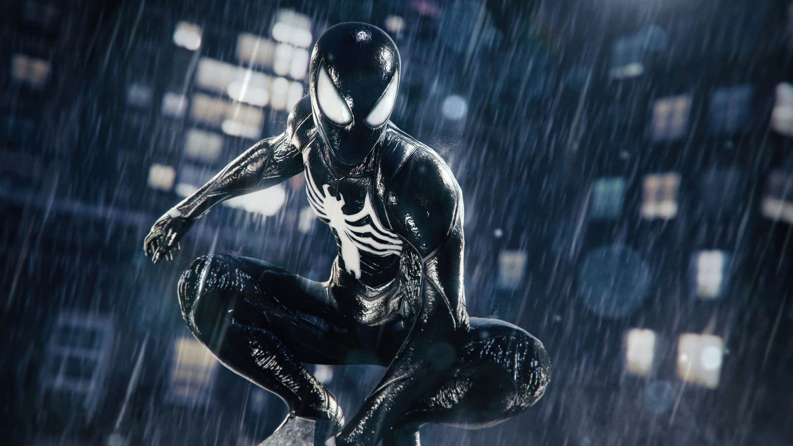 Gros plan sur une personne en costume noir dans une rue de la ville (spider man, spiderman, symbiote, costume, marvel spider man 2)