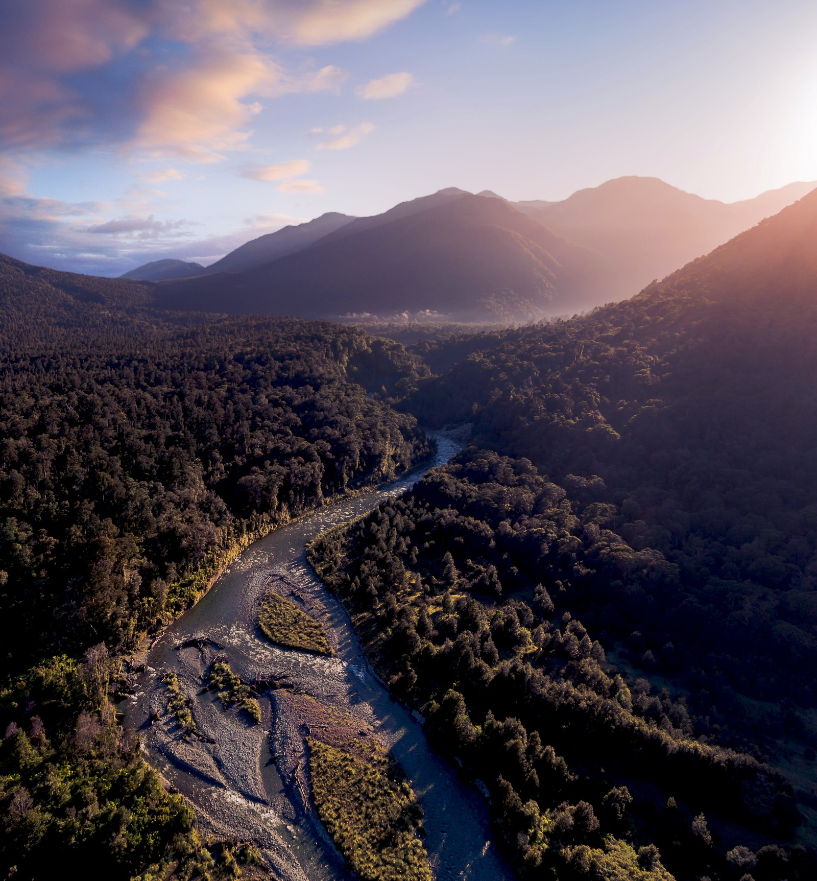 Vista aérea de un río que atraviesa un bosque verde y frondoso (parque nacional fiordland, montañas, amanecer, bosque, rio)