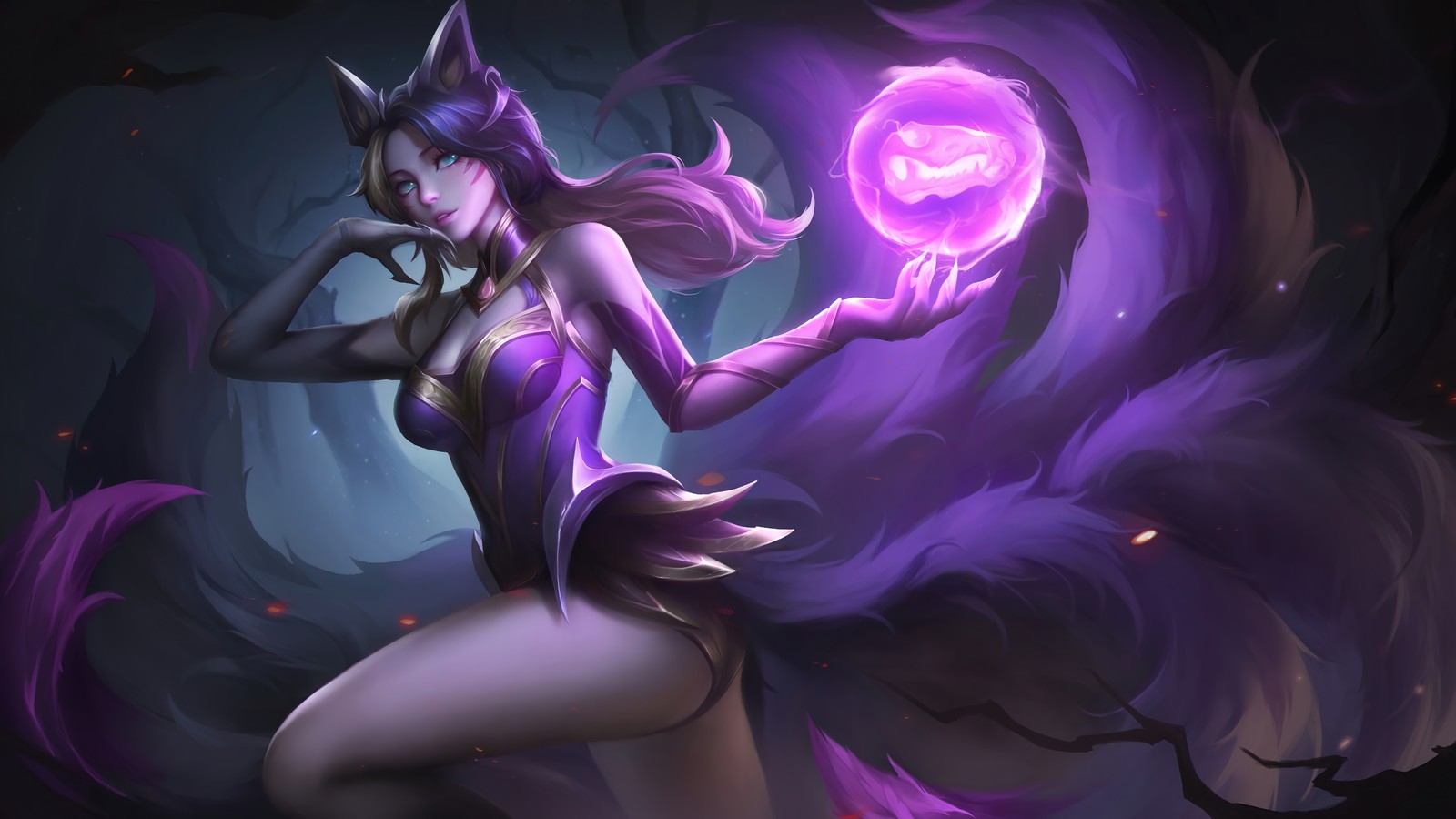 Uma mulher em um vestido roxo segurando uma bola brilhante (coven, ahri, league of legends, lol, jogo de vídeo)