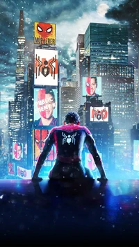 Homem-Aranha observa uma paisagem urbana iluminada por néon, cercada por anúncios vibrantes e arranha-céus, incorporando a essência de um super-herói moderno.