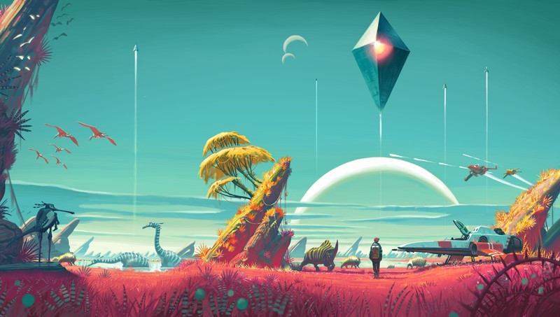 Скриншот пейзажа с космическим кораблем, летящим над ним (no mans sky, 12к, 12k, видеоигра, постер игры)