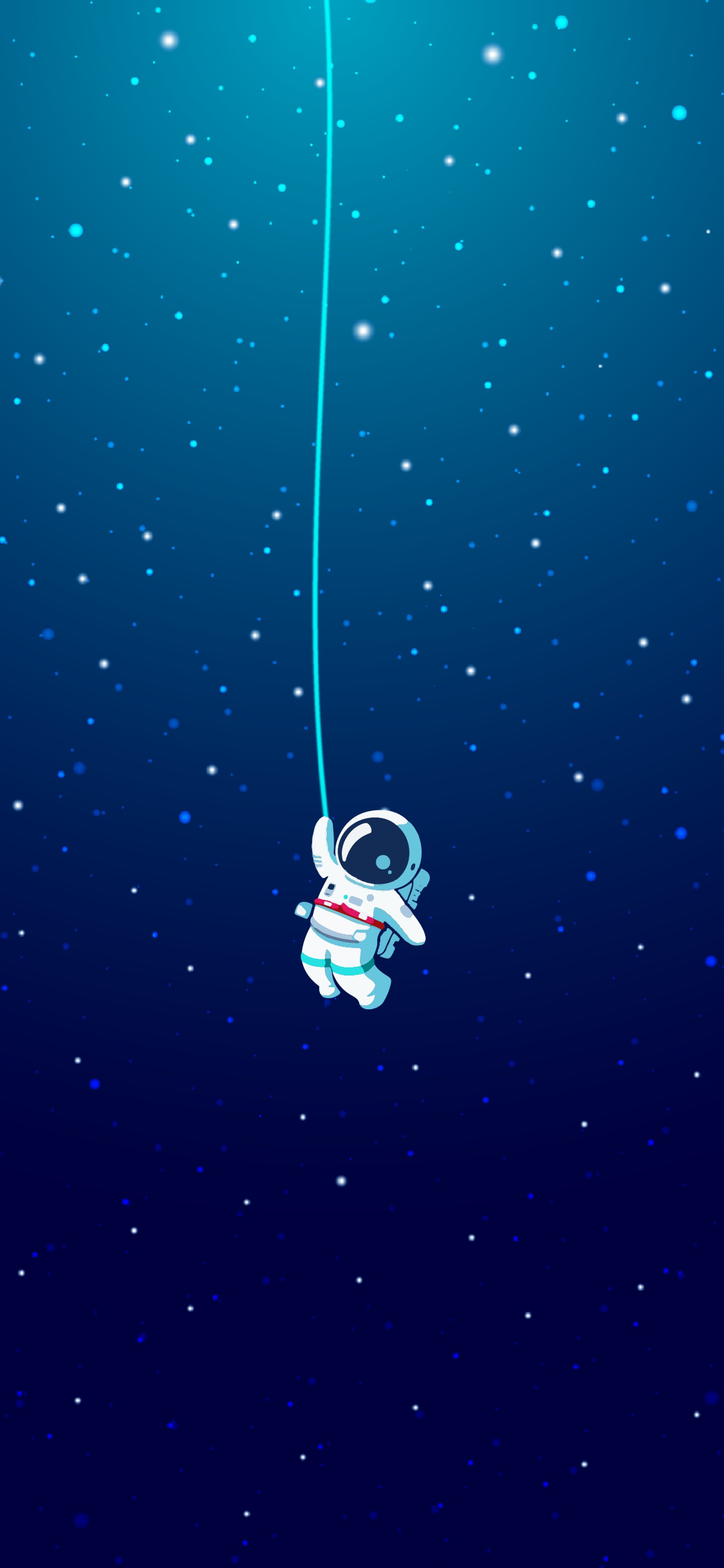 There is a small astronaut hanging from a string in the sky (astronaut, space, electric blue, animation, graphics)