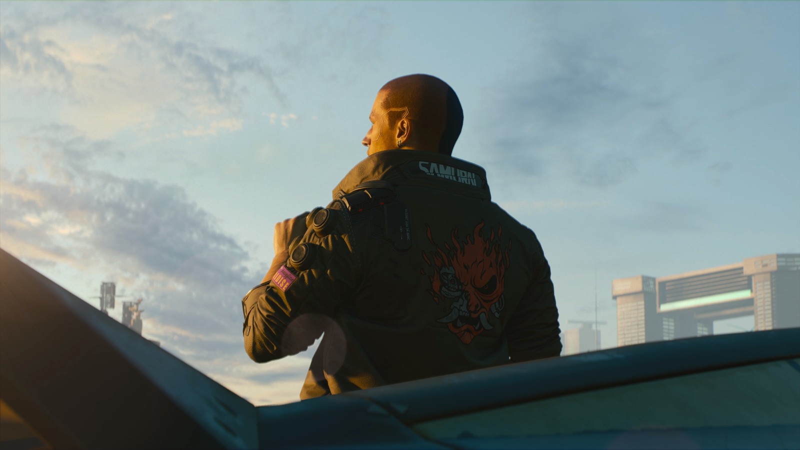 Arafed en una chaqueta preta de pé ao lado de um carro (cyberpunk 2077, videojuego, v)