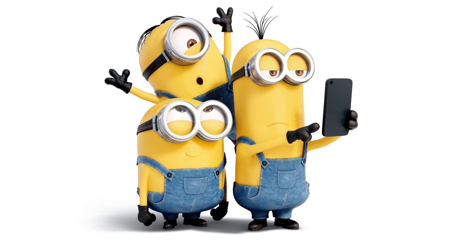 Dois minions de pé um ao lado do outro e um está segurando um celular (stuart o minion, stuart the minion, minions, desenho animado, amarelo)