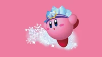 Kirby en una corona de hielo brillante contra un fondo rosa