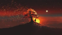 sunset, tree, scenery, illustration, digital art wallpaper