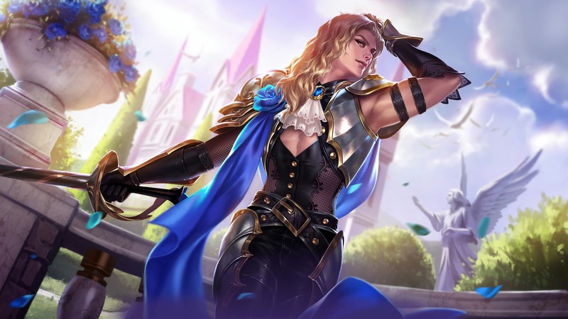 Женщина в синем плаще и черном наряде держит меч (ланселот, lancelot, mobile legends, видеоигра)