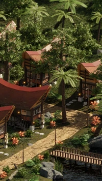 Arquitetura de resort tropical aninhada em vegetação exuberante, Indonésia