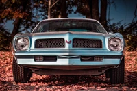 Klassischer Pontiac Muscle Car mit blauer Lackierung und ikonischem Kühlergrill zwischen Herbstblättern