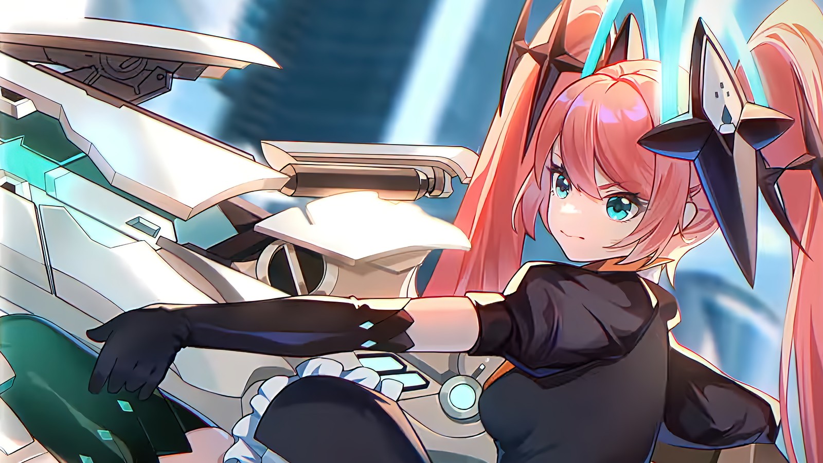 Fille anime avec de longs cheveux roses et des gants noirs assise sur une moto (layla, les aspirants, mobile legends, bang bang, mlbb)