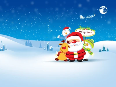 Festive Cartoon Scene with Santa Claus, Reindeer, and Snowman Celebrating Christmas in a Snowy Arctic Landscape