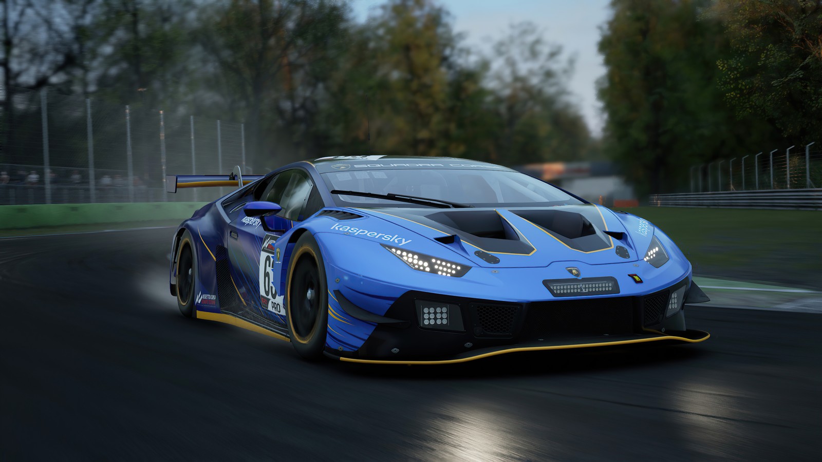 Um carro de corrida azul lamborghinidando em uma pista com árvores ao fundo (lamborghini huracán gt3 evo, lamborghini huracan gt3 evo, 5k, assetto corsa competizione, jogos)