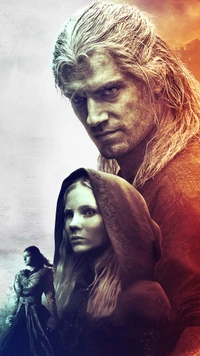 Geralt of Rivia, portrayed by Henry Cavill, stands resolutely at the forefront, flanked by a hooded figure and a woman, set against a dramatic, mythical backdrop.