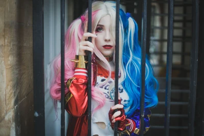 Cosplay de Harley Quinn com peruca vibrante atrás das barras