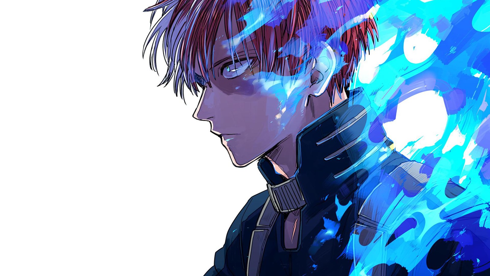 Anime, a man with red hair and a black jacket with blue flames (anime, manga, graphic design, illustration, cool)