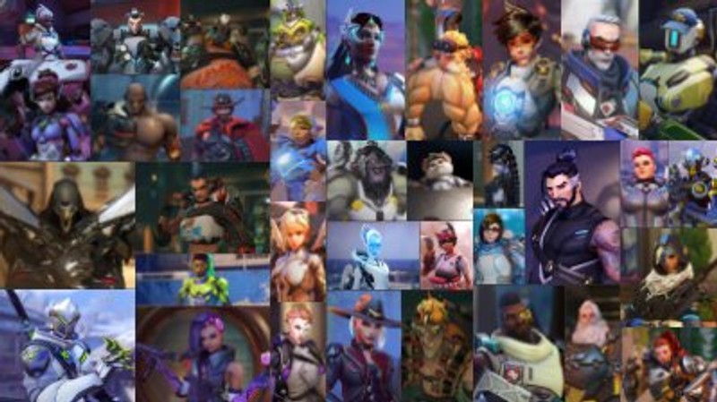 Un collage de personnages d'overwatch et de leurs visages ()