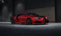 Impressionante CGI de um Bugatti Chiron Sport vermelho escuro em um ambiente urbano mal iluminado