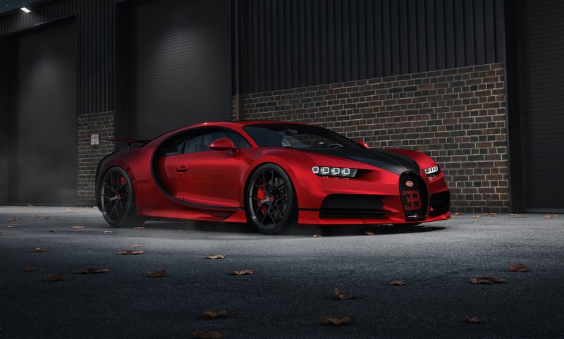 Красный автомобиль bugatti припаркован перед кирпичной стеной (bugatti chiron sport, cgi, 5k, красные машины, темно красный)