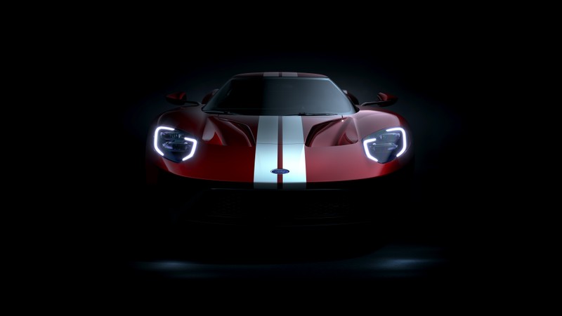 Красный спортивный автомобиль с белыми полосами в темноте (ford gt, 8k, черный фон, 5k, черный темный)