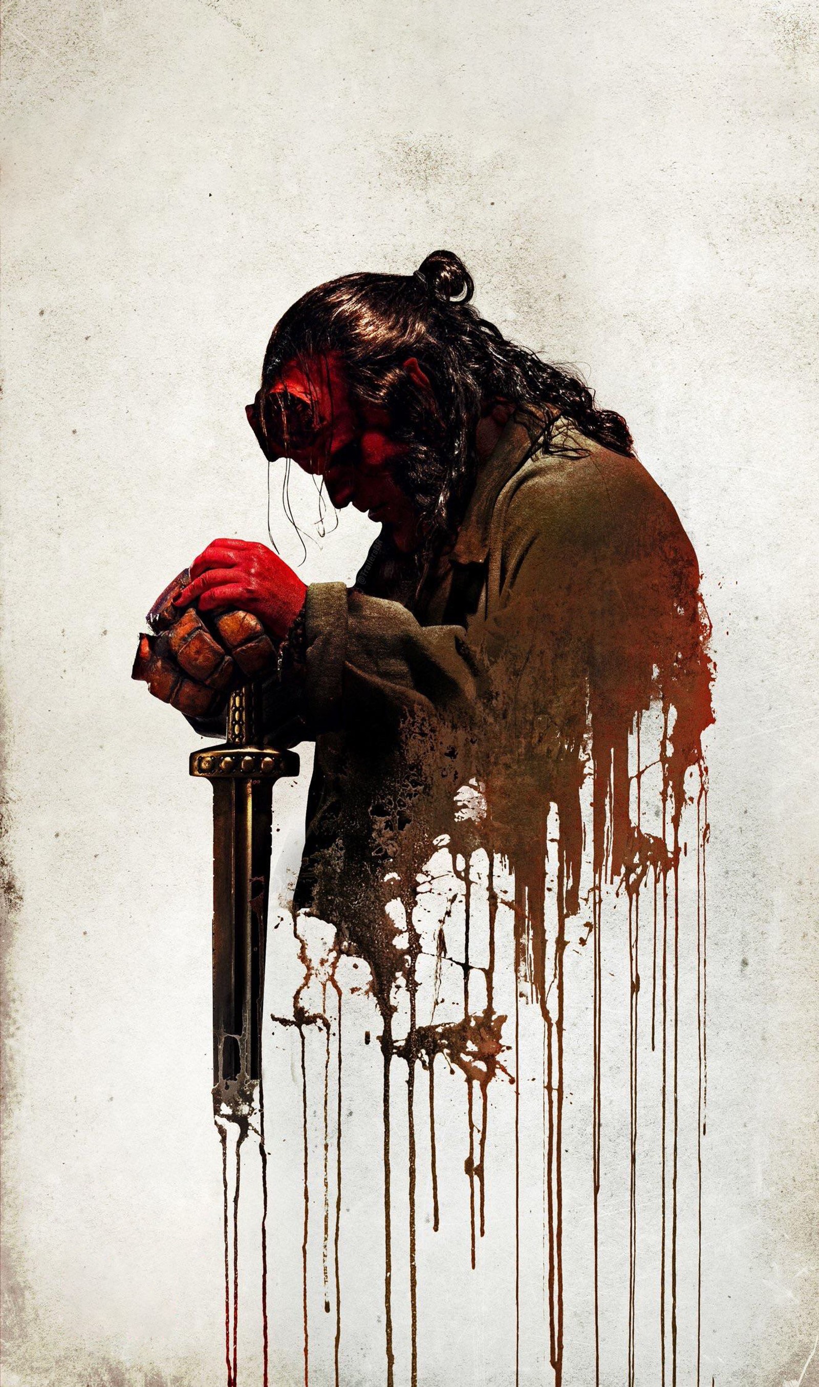 Arafed image of a man holding a knife and a bloody apple (illustration, hellboy, drawing, dvd, paint)