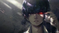 Ken Kaneki with a red eye and eye patch, embodying the essence of Tokyo Ghoul.