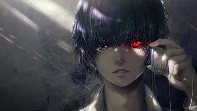 Ken Kaneki con un ojo rojo y un parche en el ojo, encarnando la esencia de Tokyo Ghoul.