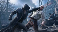 Intense Confrontation in Assassins Creed Syndicate: A Stealthy Assassin Engages a Foe in a Dark, War-Torn Environment