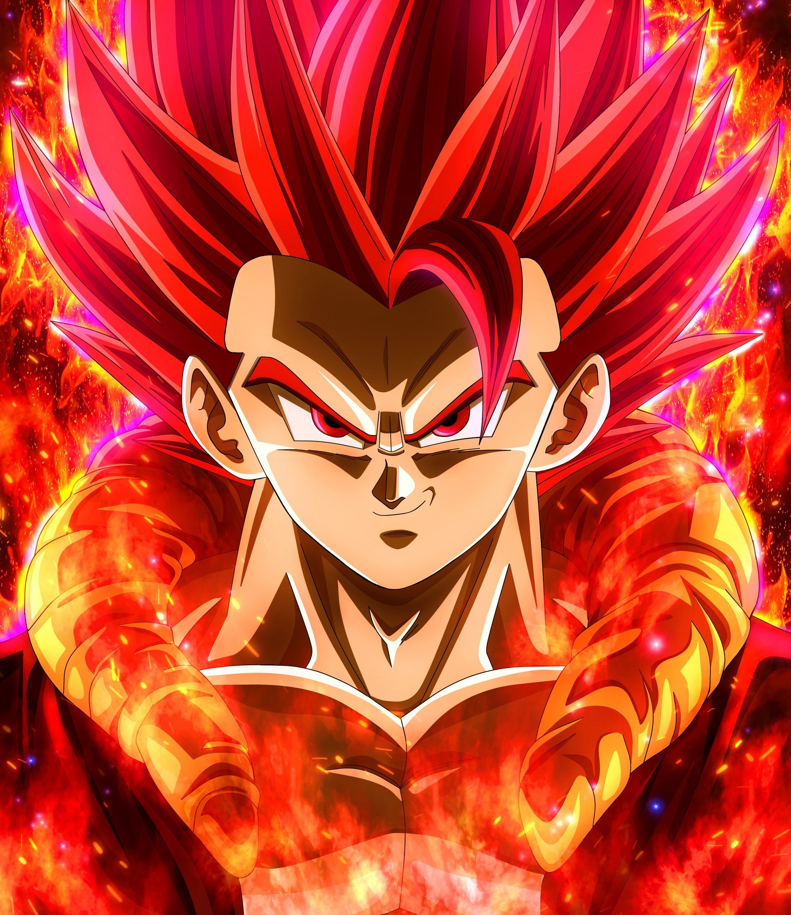 A close up of a cartoon character with red hair and a red flame (anime, broly, dragon ball super, goku, hd)